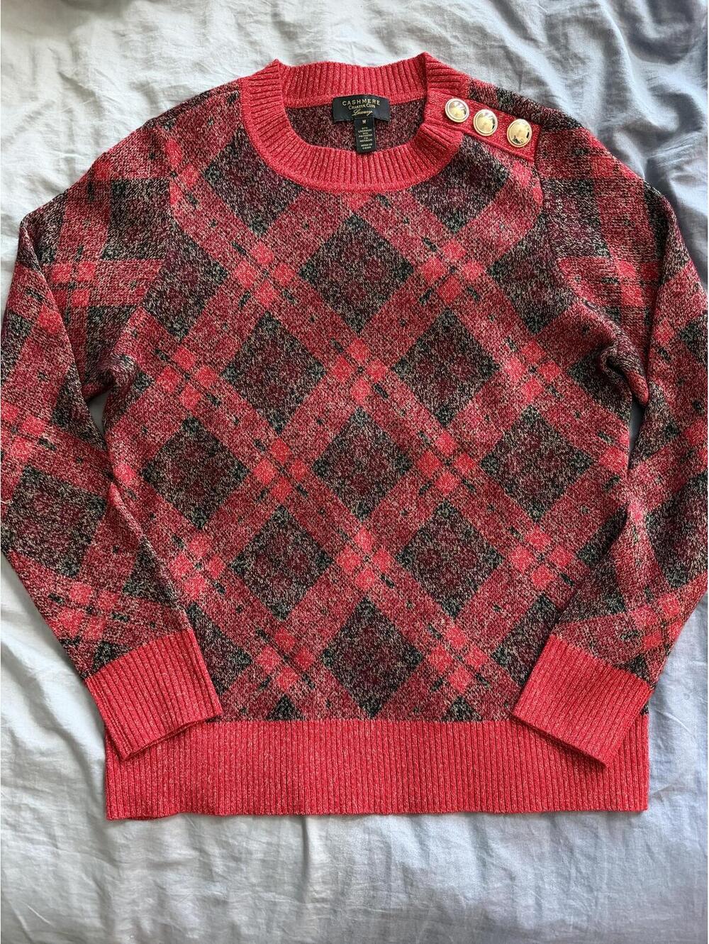 Charter Club Luxury 100% Cashmere Plaid Metallic Button Sweater Red Black Gold M